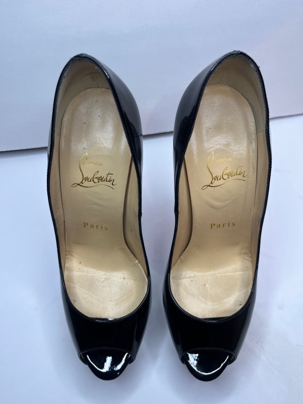SZ 37 Christian Louboutin Black Patent Leather Peep-Toe Platform Pumps - Picture 14 of 15